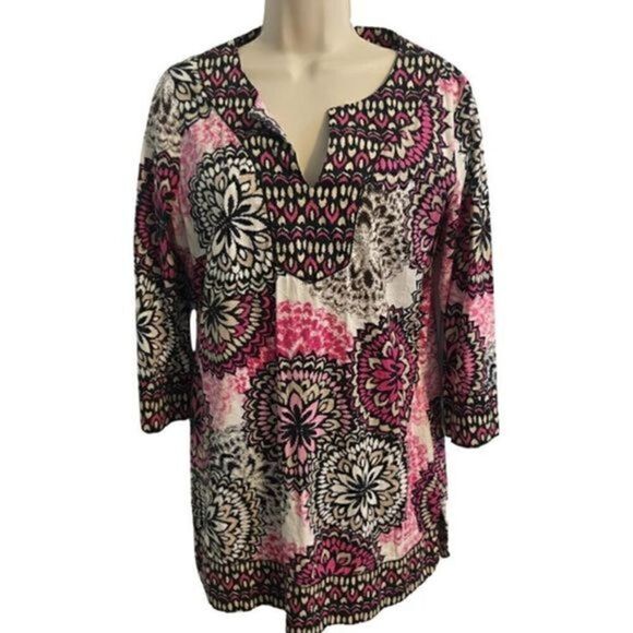 Dana Buchman Geometric Cotton Top. 3/4 Sleeves. Size Small - Picture 1 of 5